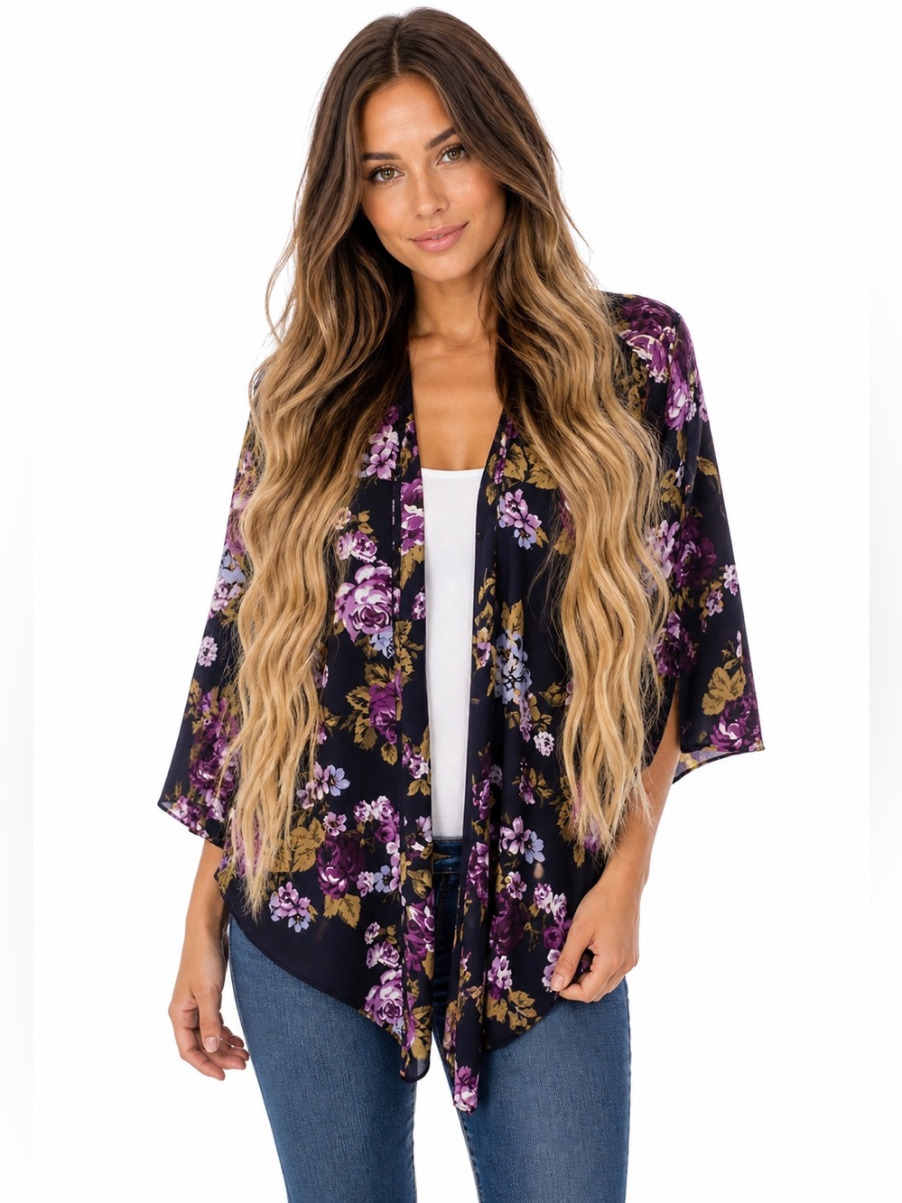 Peach Love California Boho Floral Kimono Cardigan Open Front Duster